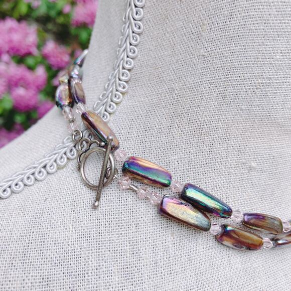 Y2K Iridescent Stick Pearl Necklace AB Resin Beads Long Layering Toggle Clasp - Picture 10 of 11